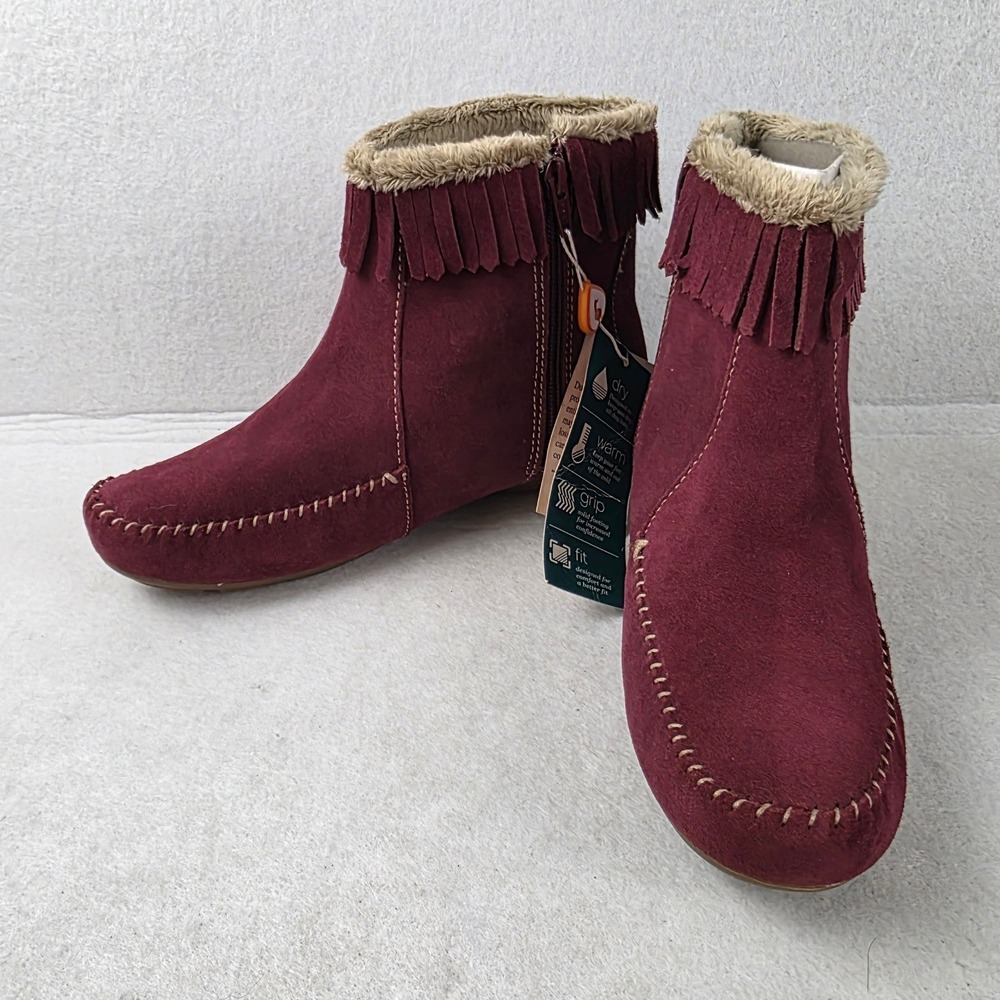 Sporto Womens 6.5M Burgundy Suede Fringe Ankle Boots Faux Fur Zip NWT